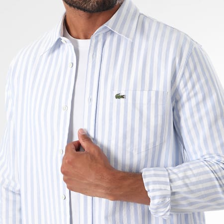 Lacoste - Chemise Manches Longues A Rayures Logo Brodé Crocodile Regular Fit Bleu Clair Blanc