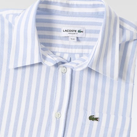 Lacoste - Chemise Manches Longues A Rayures Logo Brodé Crocodile Regular Fit Bleu Clair Blanc
