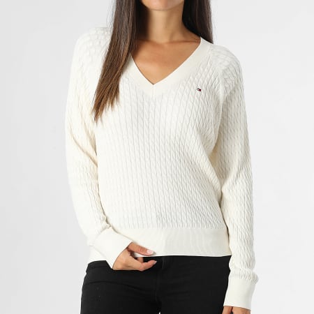 Tommy Hilfiger - Jersey de mujer con cable y cuello en V 3093 Beige