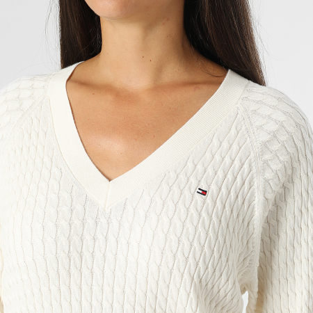 Tommy Hilfiger - Jersey de mujer con cable y cuello en V 3093 Beige