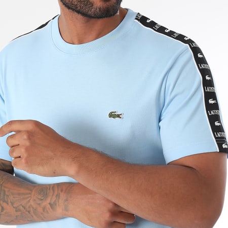 Lacoste - Tee Shirt A Bandes Logo Brodé Crocodile Regular Fit Bleu Clair