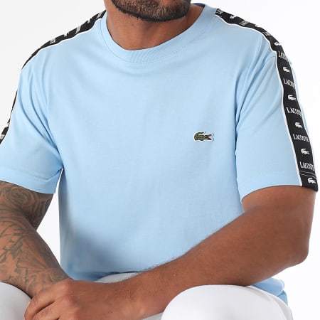 Lacoste - Tee Shirt A Bandes Logo Brodé Crocodile Regular Fit Bleu Clair