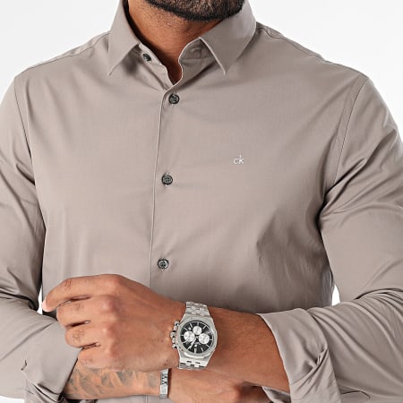 Calvin Klein - Camisa Slim Popelina Manga Larga 0856 Taupe