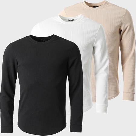 LBO - Lot De 3 Tee Shirt Manches Longues Texturé Waffle 1413 Noir Blanc Beige