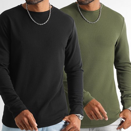 LBO - Lot De 2 Tee Shirt Manches Longues Texturé Waffle 1414 Noir Vert Kaki