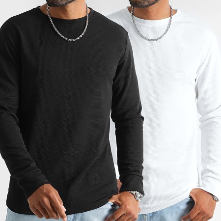 LBO - Lot De 2 Tee Shirt Manches Longues Texturé Waffle 1422 Noir Blanc