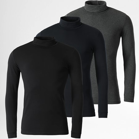 LBO - Lot De 3 Tee Shirts Col Roulé Manches Longues Unis 3479 Noir Bleu Marine Gris Chiné