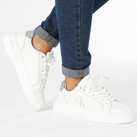 Calvin Klein - Vrouwen Chunky Cupsole Lace Up Leer 1687 Helder Wit Zilver Sneakers