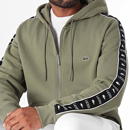 Sweat Zippe Capuche A Bandes Logo Brode Crocodile Vert Kaki
