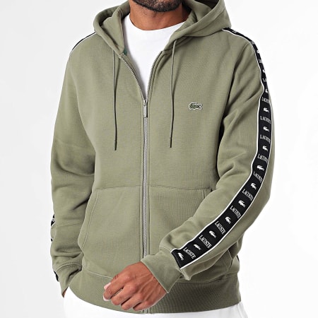 Sweat Zippe Capuche A Bandes Logo Brode Crocodile Vert Kaki