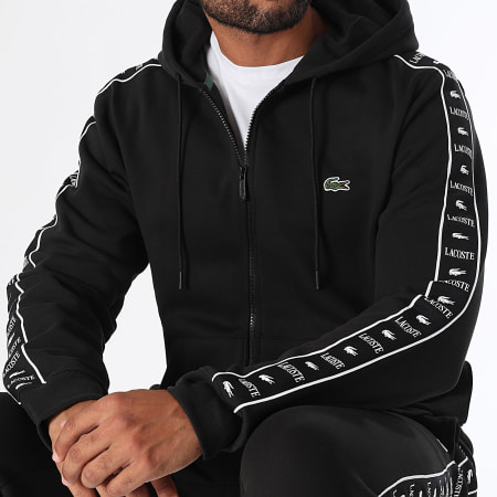 Lacoste Sweat Zippé Capuche A Bandes Logo Brodé Crocodile Noir