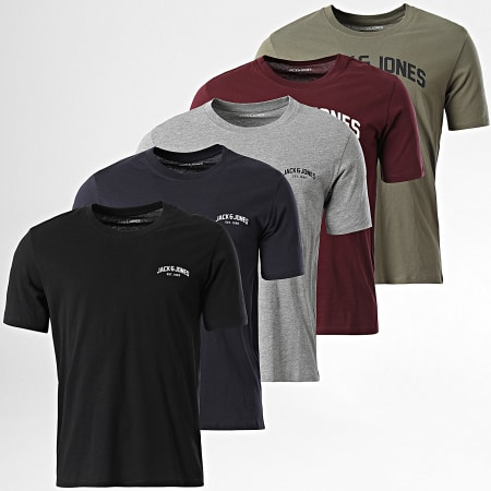 Jack And Jones - Lot De 5 Tee Shirts Josh 12271618 Bordeaux Noir Gris Chiné Bleu Marine Vert Kaki