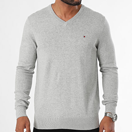 Tommy Hilfiger - Essential Cotton 4745 Maglione grigio screziato con scollo a V