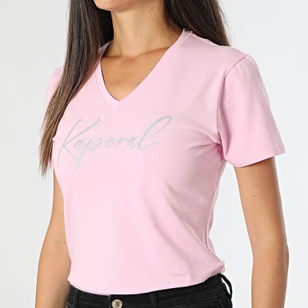 Kaporal - Maglietta donna Slim scollo a V manica corta Pink Silver Sign