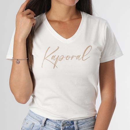 Kaporal - Dames Slim V-Hals Korte Mouw T-shirt Teken Licht Beige Goud