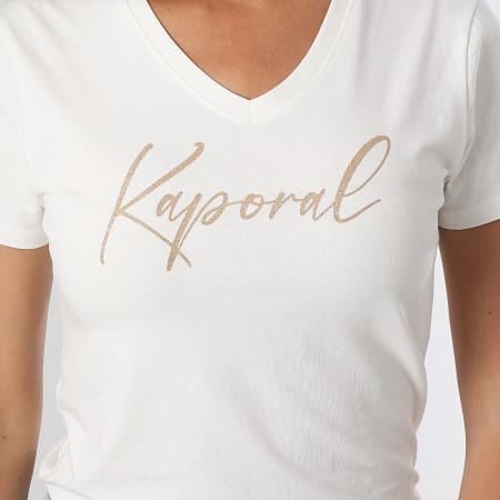 Kaporal - Dames Slim V-Hals Korte Mouw T-shirt Teken Licht Beige Goud