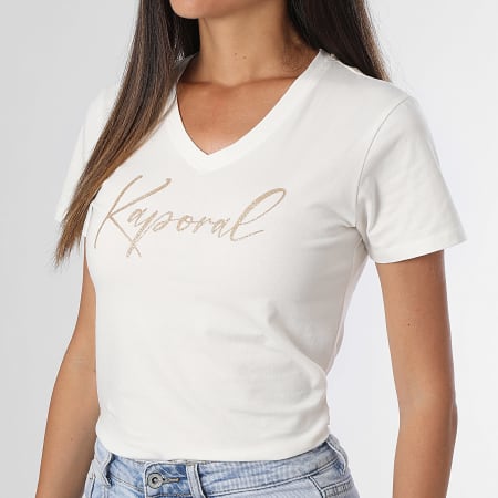 Kaporal - Dames Slim V-Hals Korte Mouw T-shirt Teken Licht Beige Goud