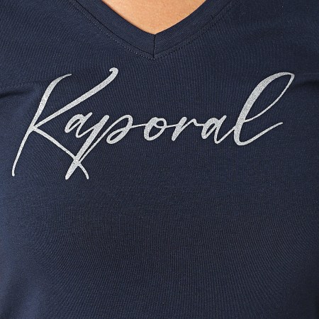 Kaporal - Camiseta de manga corta con cuello en V para mujer Signo Azul Marino Plata