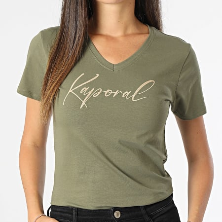 Kaporal - Camiseta de manga corta con cuello en V para mujer Sign Green Khaki Gold