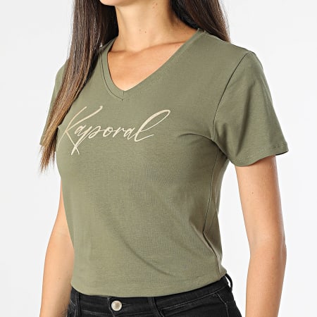 Kaporal - Dames Slim V-Hals Korte Mouw T-shirt Teken Groen Khaki Goud