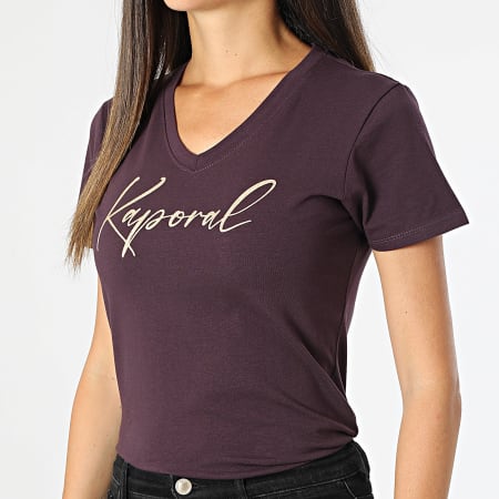 Kaporal - Vrouwen Slim V-Hals Korte Mouw T-shirt Teken Donker Paars Goud