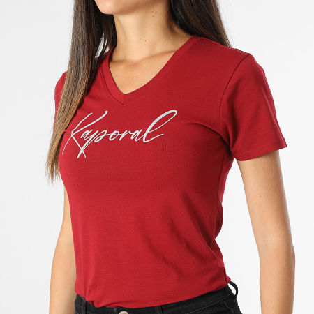 Kaporal - Dames Slim V-Hals Korte Mouw T-shirt Teken Donkerrood Zilver