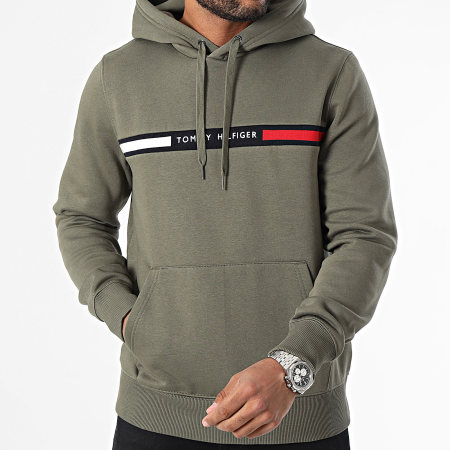 Tommy Hilfiger - Felpa con cappuccio Hilfiger 7361 Verde Khaki con inserto sul petto