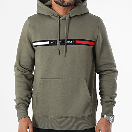 Tommy Hilfiger - Felpa con cappuccio Hilfiger 7361 Verde Khaki con inserto sul petto