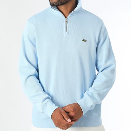 Pull Col Zippe Logo Brode Crocodile Bleu Clair