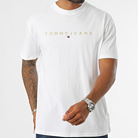 Tommy Jeans - Tee Shirt Regular Fit Gold Linear Logo 9694 Blanc Doré