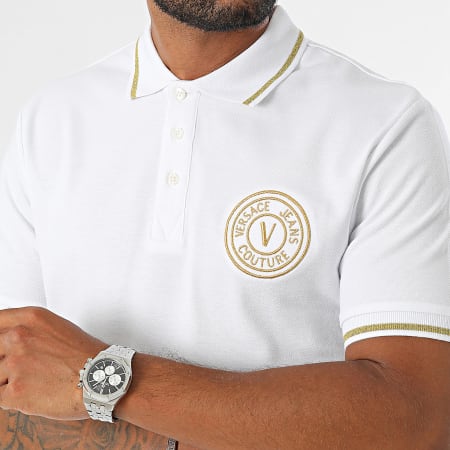 Versace Jeans Couture - Polo Manches Courtes Vemblem Gold Embroidery 77GAGT00-CJ01T Blanc Doré