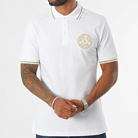 Versace Jeans Couture - Polo Manches Courtes Vemblem Gold Embroidery 77GAGT00-CJ01T Blanc Doré