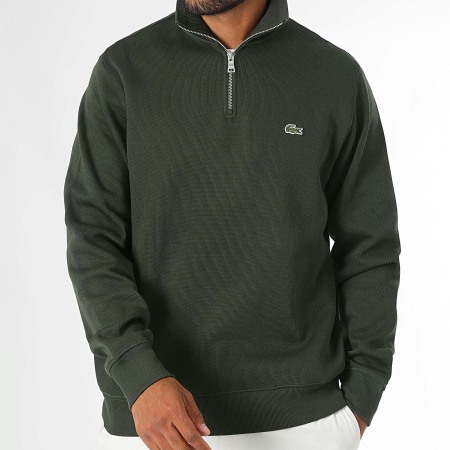 Pull Col Zippe Logo Brode Crocodile Vert Kaki