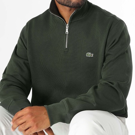 Pull Col Zippe Logo Brode Crocodile Vert Kaki