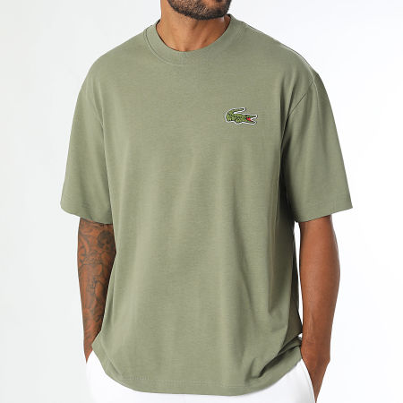 Lacoste - Tee Shirt Oversize Loose Fit Groot Logo Krokodil Geborduurd Khaki Groen