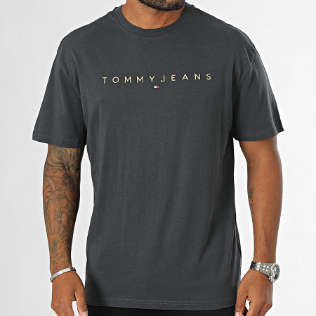 Tommy Jeans - Tee Shirt Regular Fit Gold Linear Logo 9694 Antracite Grigio Oro