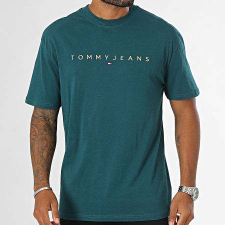 Tommy Jeans - Tee Shirt Regular Fit Gold Linear Logo 9694 Petrol Blue Gold