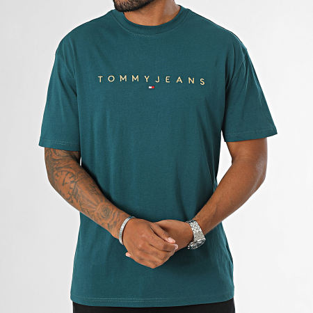 Tommy Jeans - Tee Shirt Regular Fit Gold Linear Logo 9694 Bleu Pétrole Doré