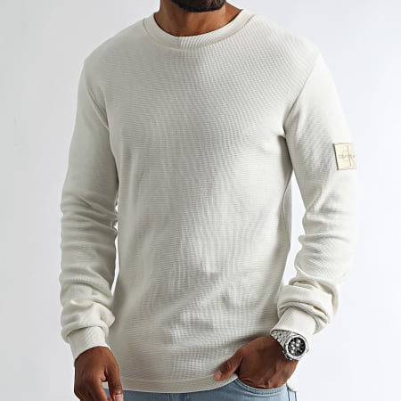 Calvin Klein - Sweat Crewneck Monogram Badge Waffle 3485 Ecru
