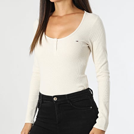 Tommy Jeans - Maglietta da donna Melange Henley a maniche lunghe 8805 Beige