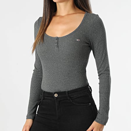 Tommy Jeans - Dameshemd met gemêleerde Henley lange mouwen 8805 Antraciet grijs