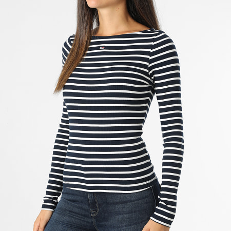 Tommy Jeans - Maglietta a maniche lunghe a righe bianche e blu navy da donna 9817