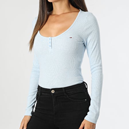 Tommy Jeans - Camiseta de manga larga Melange Henley para mujer 8805 Azul claro