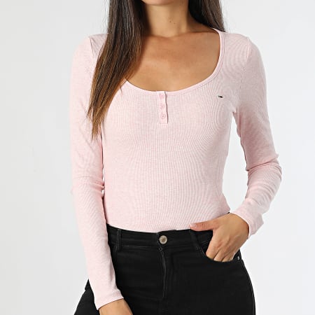 Tommy Jeans - Camiseta de manga larga Melange Henley para mujer 8805 Rosa