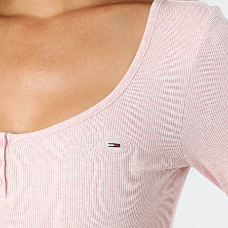 Tommy Jeans - Tee Shirt Manches Longues Femme Melange Henley 8805 Rose