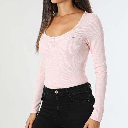 Tommy Jeans - Tee Shirt Manches Longues Femme Melange Henley 8805 Rose