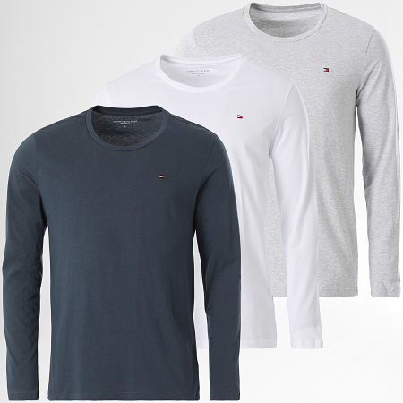 Tommy Hilfiger - Lot De 3 Tee Shirts Manches Longues Signature 3378 Blanc Bleu Marine Gris Chiné