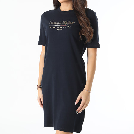 Tommy Hilfiger - Vestido Tee Camisa Regular Mujer Script Gaphic 3545 Azul Marino Oro