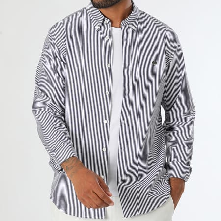 Lacoste - Chemise Manches Longues A Rayures Regular Fit Logo brodé Crocodile Blanc Bleu Marine