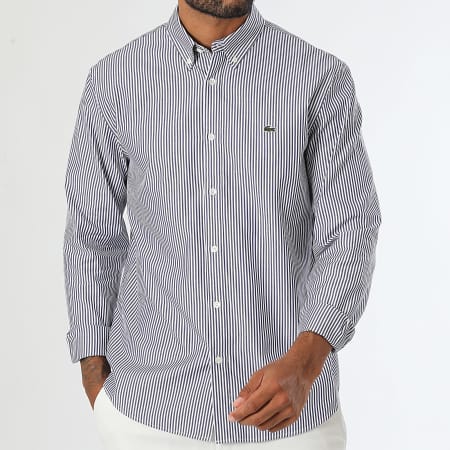 Lacoste - Chemise Manches Longues A Rayures Regular Fit Logo brodé Crocodile Blanc Bleu Marine